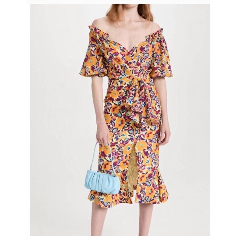 SALONI Sz 4 US Olivia Dress Mango Sunflower Floral Midi Off Shoulder Silk